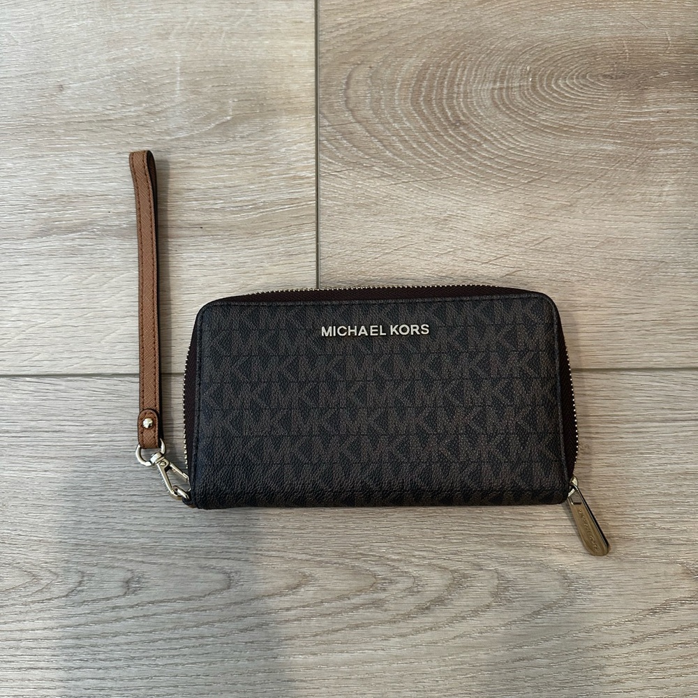 Michael Kors Black and Brown Logo Wristlet